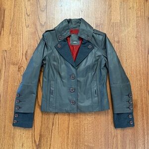 Prune Dark Leather Jacket with Red Accents